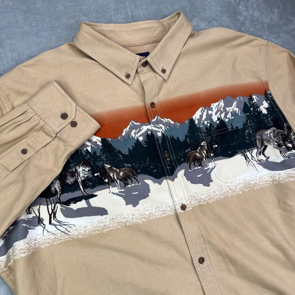 Croft &‎ Barrow Shirt Mens 2XL Khaki Snowy Wilderness Wolves Twill Button Down